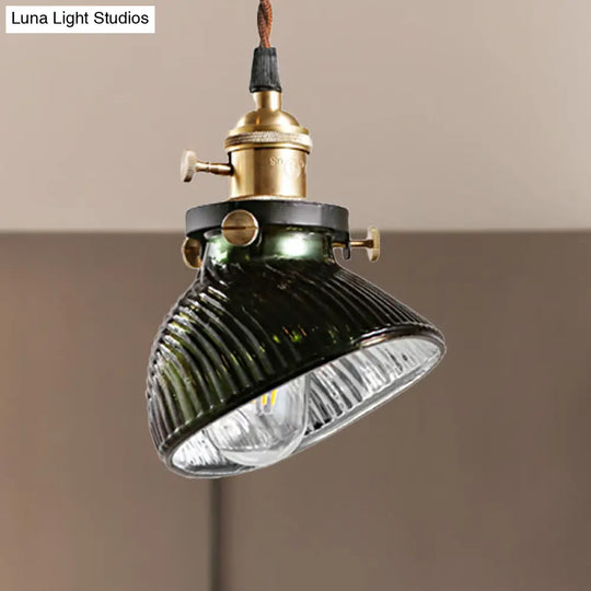 Rustic Industrial Green Ribbed Glass Hanging Pendant Light: Bowl Design 1-Light Drop Lamp