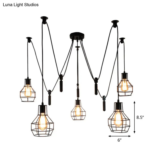Rustic Iron 5-Light Black Pulley Swag Pendant - Ball-Shape Multi Ceiling Light For Restaurants