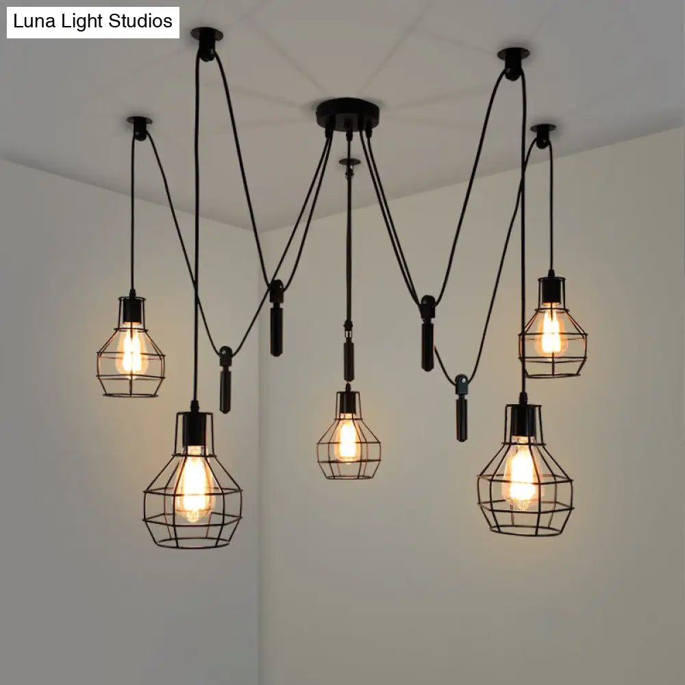 Rustic Iron 5-Light Black Pulley Swag Pendant - Restaurant Multi Ceiling Light