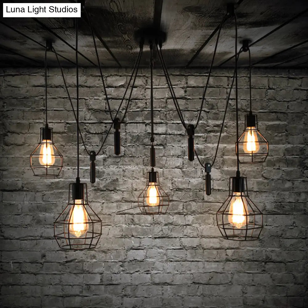 Rustic Iron 5-Light Black Pulley Swag Pendant - Ball-Shape Multi Ceiling Light For Restaurants