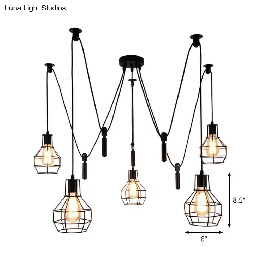 Rustic Iron 5-Light Black Pulley Swag Pendant - Restaurant Multi Ceiling Light