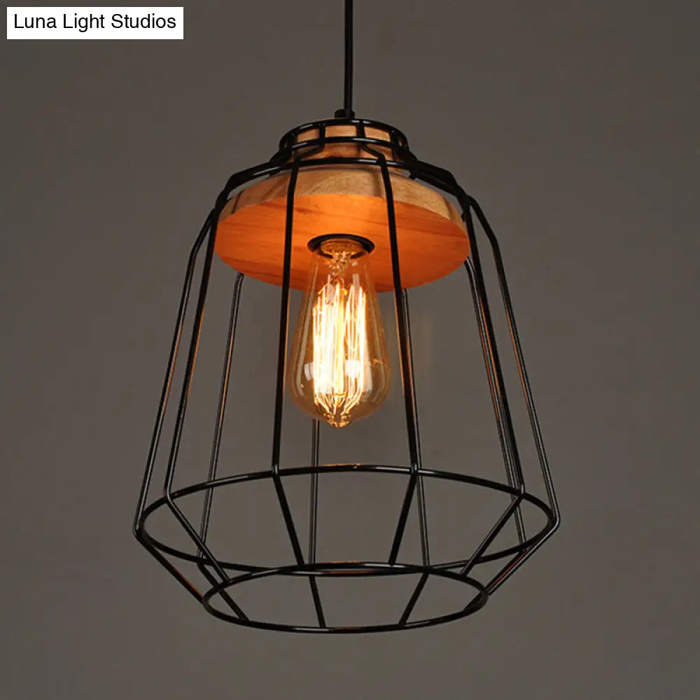 Rustic Iron Pendant Light - Black Cage/Barn/Pot Shaped 1 Bulb Restaurant Hanging Ceiling With Wood
