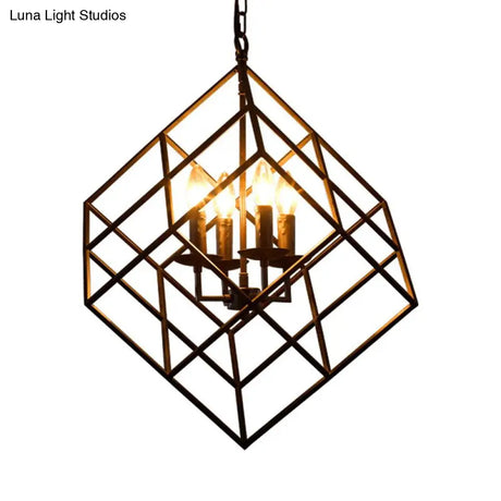 Rustic Iron Chandelier Pendant With 4 Lights - Vintage Loft Hanging Lamp For Restaurants Cubic Cage