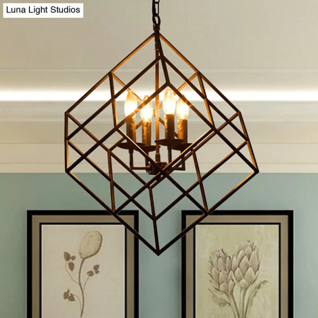Rustic Iron Chandelier Pendant With 4 Lights - Vintage Loft Hanging Lamp For Restaurants Cubic Cage