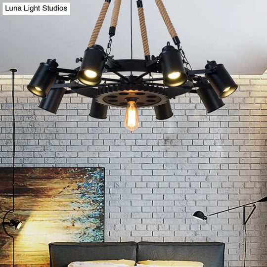 Rustic Iron Cylinder Chandelier: 9-Head Black Rope Ceiling Light With Gear Deco - Living Room