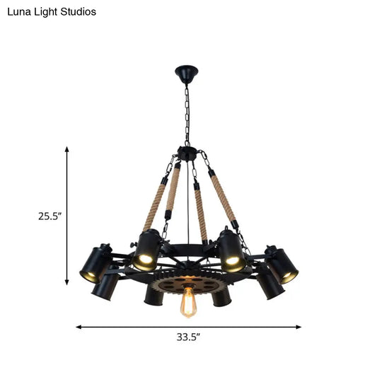 Rustic Iron Cylinder Chandelier: 9-Head Black Rope Ceiling Light With Gear Deco - Living Room
