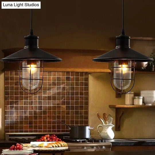 Saucer Pendulum Light - Rustic Iron 1 Bulb 10.5/14 Wide Black Pendant Lamp With 2-Shade Guard
