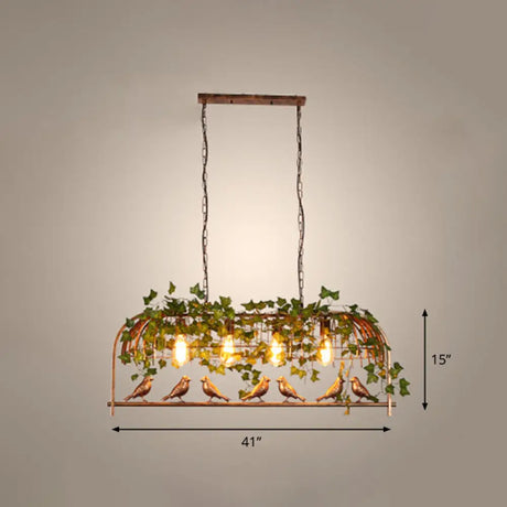 Rustic Island Ceiling Light With Cast Iron Birdcage Fixture Bird & Leaf Deco Rust