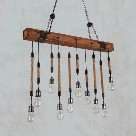 Rustic Island Light With Multiple Open Bulbs And Wooden Beam Beige