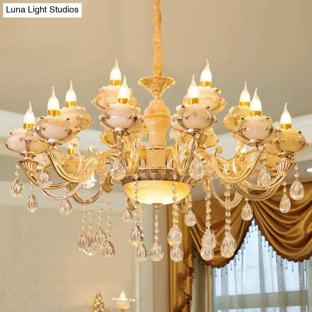 Rustic Jade Gold Chandelier - Floral Living Room Pendant With Crystal Draping