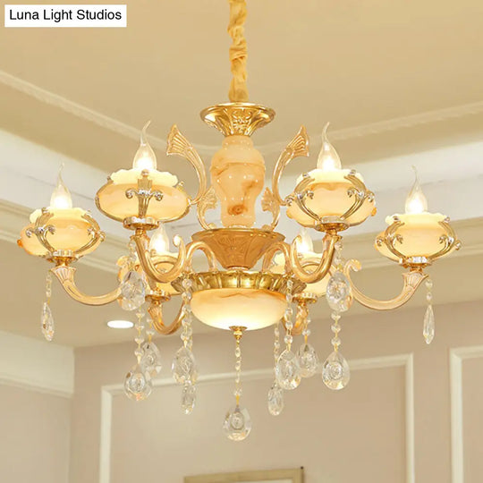 Rustic Jade Gold Chandelier - Floral Living Room Pendant With Crystal Draping