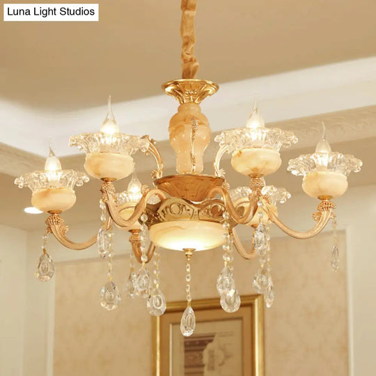 Rustic Jade Gold Chandelier - Floral Living Room Pendant With Crystal Draping