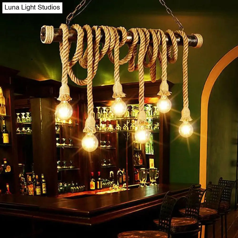Rustic Jute Rope Island Pendant Light For Wine Bar - 4/6 Lights Farmhouse Style Linear Design