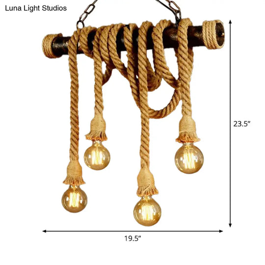 Rustic Jute Rope Island Pendant Light For Wine Bar - 4/6 Lights Farmhouse Style Linear Design