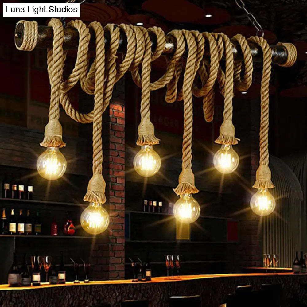 Rustic Jute Rope Island Pendant Light For Wine Bar - 4/6 Lights Farmhouse Style Linear Design
