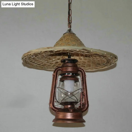 Rustic Kerosene Pendant Light With Clear Glass And Coolie Hat Deco - Black/Bronze/Copper Finish