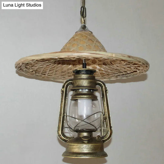 Rustic Clear Glass Kerosene Pendant Ceiling Hang Light In Black/Bronze/Copper With Coolie Hat Deco