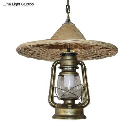 Rustic Kerosene Pendant Light With Clear Glass And Coolie Hat Deco - Black/Bronze/Copper Finish