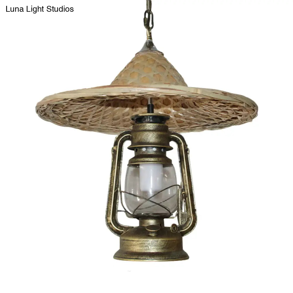 Rustic Clear Glass Kerosene Pendant Ceiling Hang Light In Black/Bronze/Copper With Coolie Hat Deco