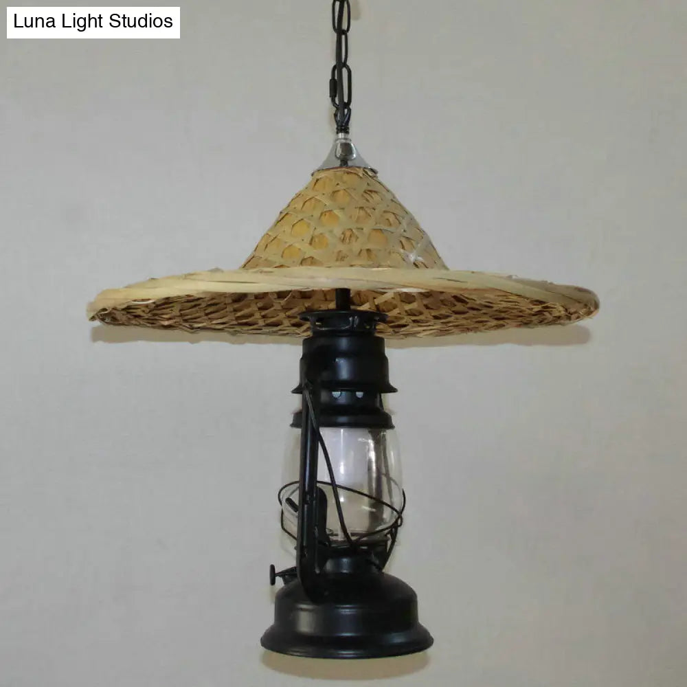 Rustic Clear Glass Kerosene Pendant Ceiling Hang Light In Black/Bronze/Copper With Coolie Hat Deco