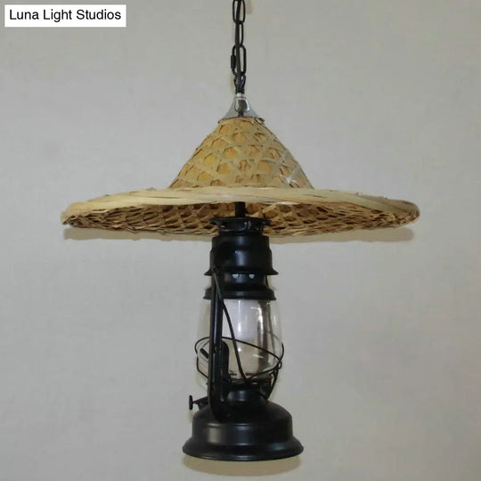 Rustic Clear Glass Kerosene Pendant Ceiling Hang Light In Black/Bronze/Copper With Coolie Hat Deco