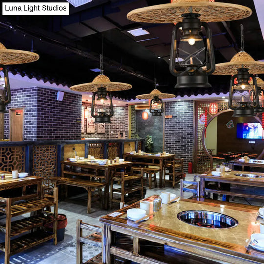 Rustic Kerosene Pendant Light With Clear Glass And Coolie Hat Deco - Black/Bronze/Copper Finish