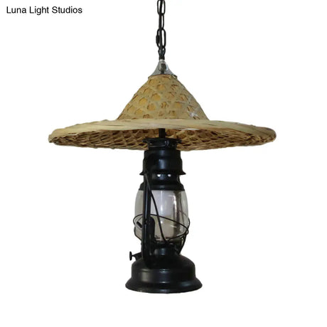 Rustic Kerosene Pendant Light With Clear Glass And Coolie Hat Deco - Black/Bronze/Copper Finish