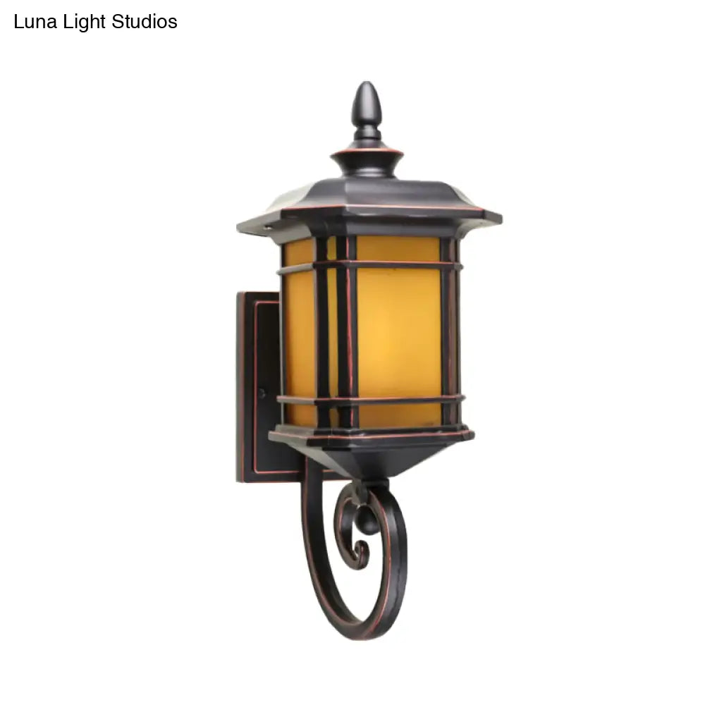 Rustic Lantern Wall Light Sconce With Yellow Glass Scrolled Arm - Coffee Finish