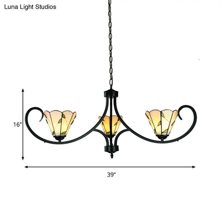 Rustic Leaf Pendant Light With Cone Shade And Adjustable Chain - 3 Beige Glass Chandelier For Foyer