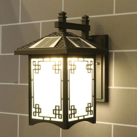 Rustic Led Wall Sconce With Frost Glass - Solar Powered For Courtyard Black / C