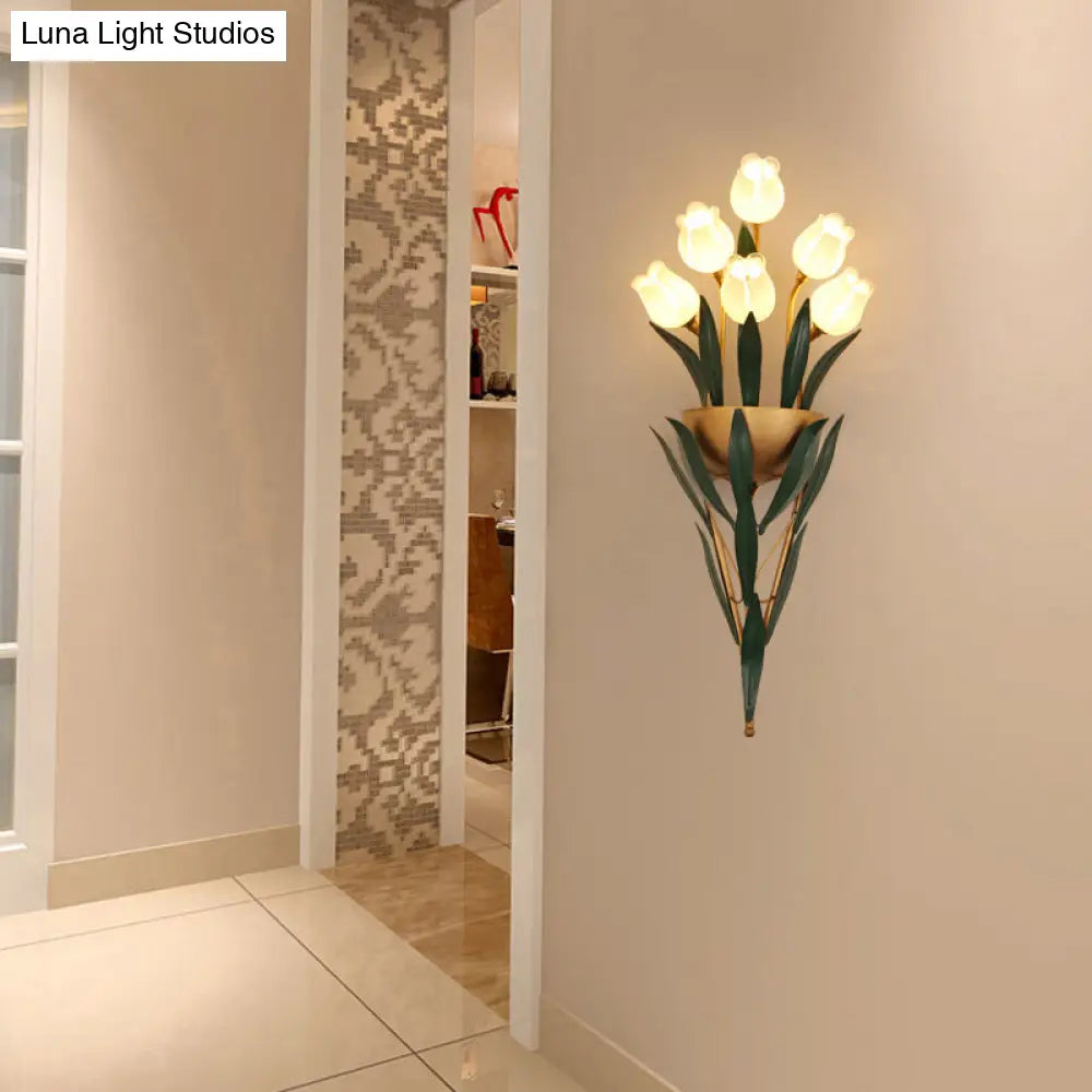 Rustic Lily Bouquet Wall Lamp Kit - 6/10 Heads White/Purple Glass Sconce Light Fixture For Dining