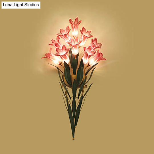 Rustic Lily Bouquet Wall Lamp Kit - 6/10 Heads White/Purple Glass Sconce Light Fixture For Dining