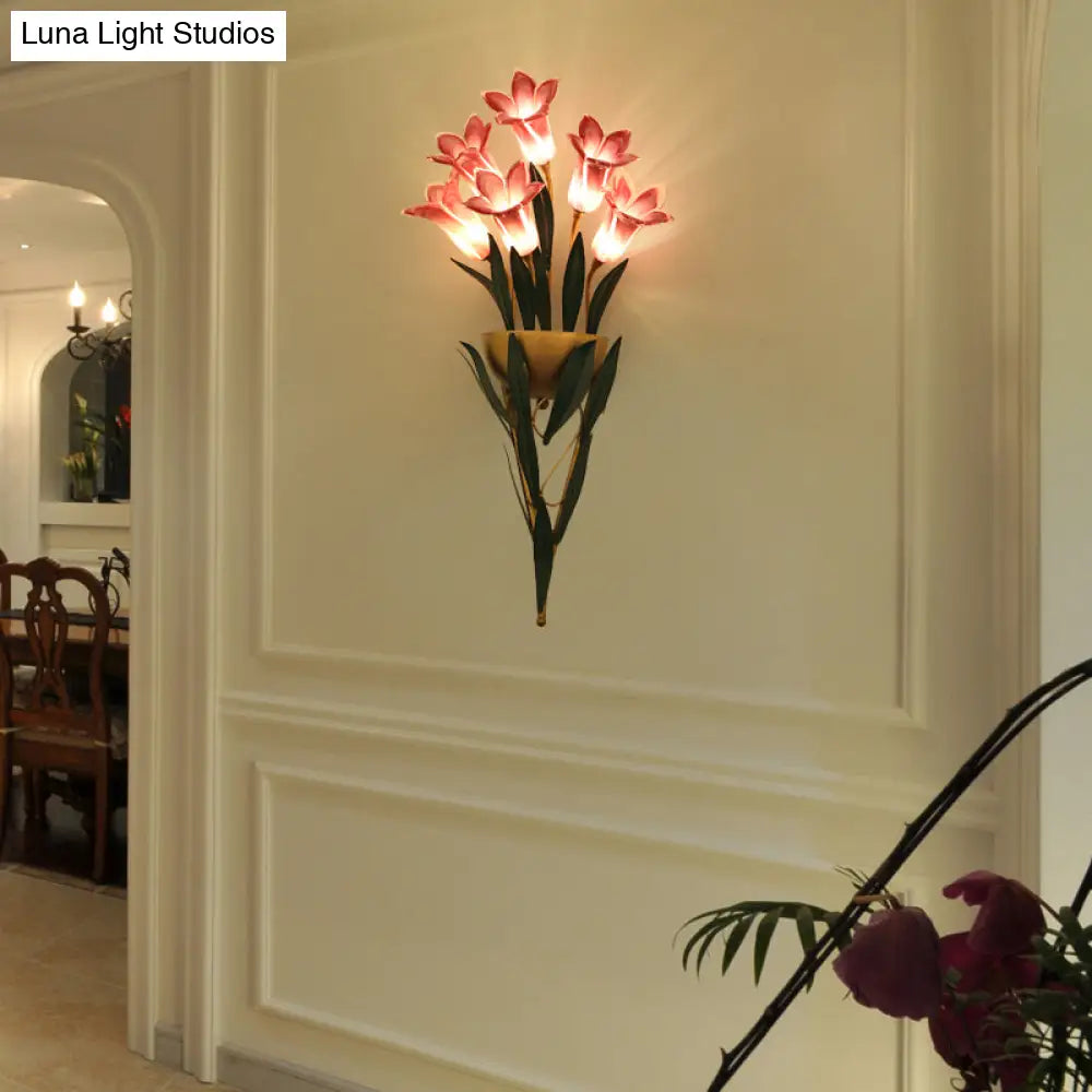 Rustic Lily Bouquet Wall Lamp Kit - 6/10 Heads White/Purple Glass Sconce Light Fixture For Dining