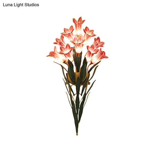 Rustic Lily Bouquet Wall Lamp Kit - 6/10 Heads White/Purple Glass Sconce Light Fixture For Dining
