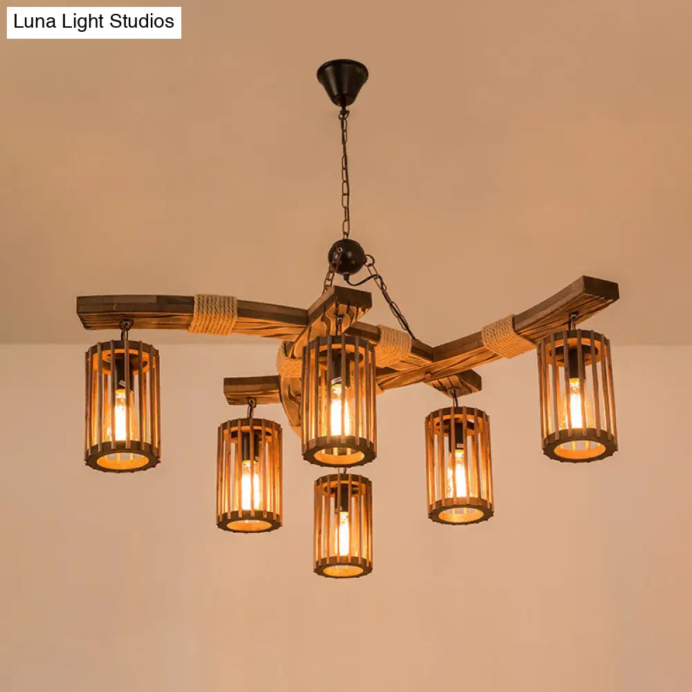 Lodge 6-Bulb Wood Caged Hanging Chandelier - Dining Room Pendant Light With Rope Detail In