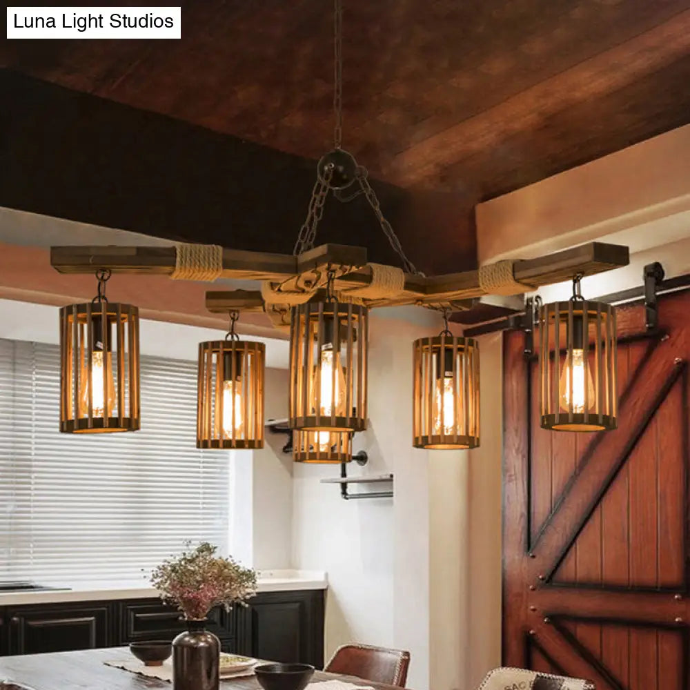 Lodge 6-Bulb Wood Caged Hanging Chandelier - Dining Room Pendant Light With Rope Detail In
