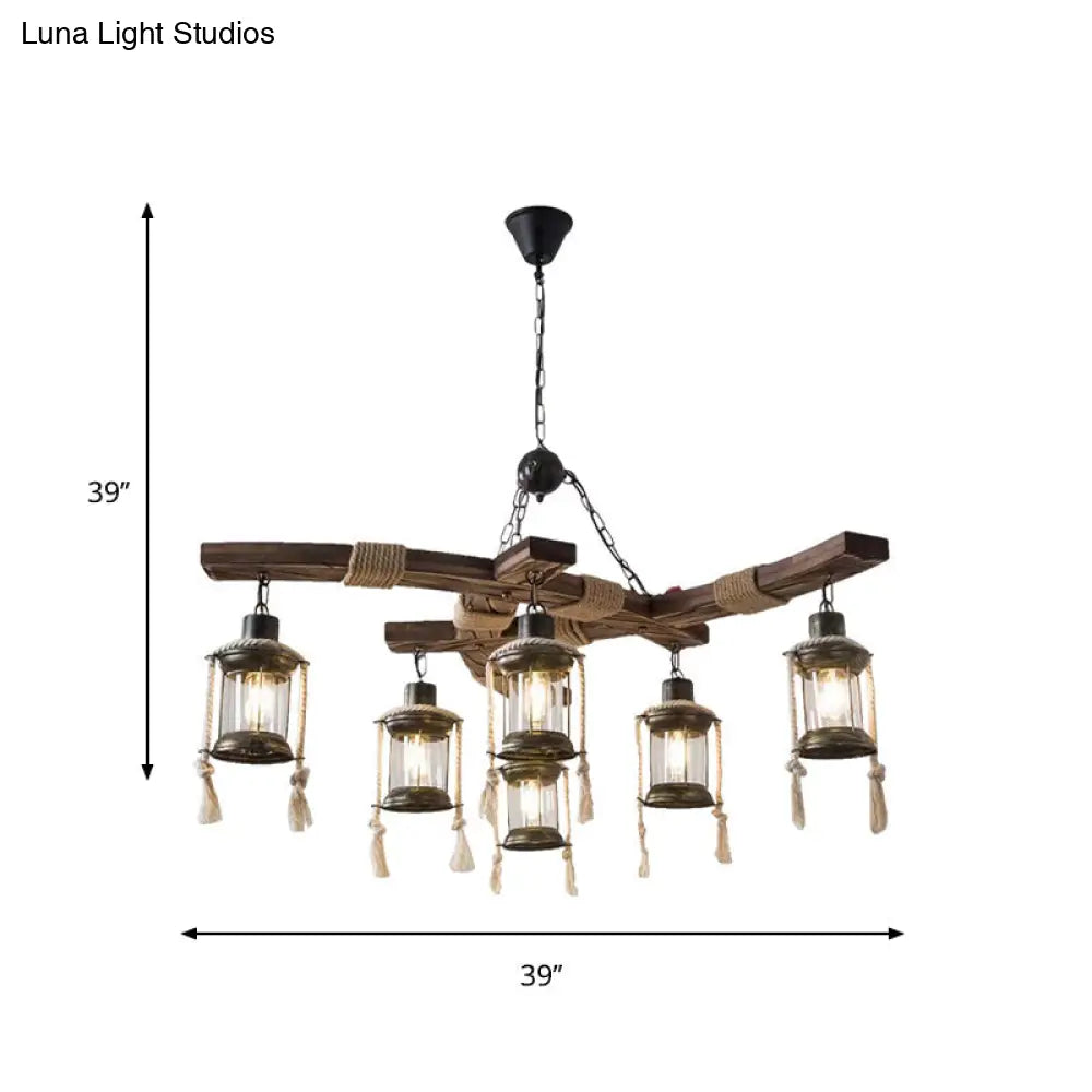 Lodge 6-Bulb Wood Caged Hanging Chandelier - Dining Room Pendant Light With Rope Detail In