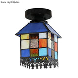 Rustic Lodge Stained Glass Flush Mount Lamp - 1-Head House Lighting In Black/Blue/Brass