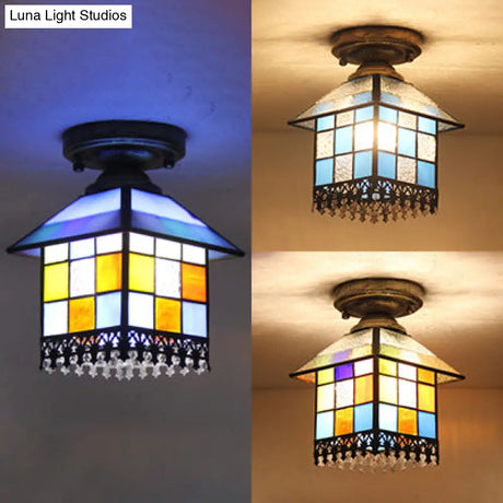 Rustic Lodge Stained Glass Flush Mount Lamp - 1-Head House Lighting In Black/Blue/Brass