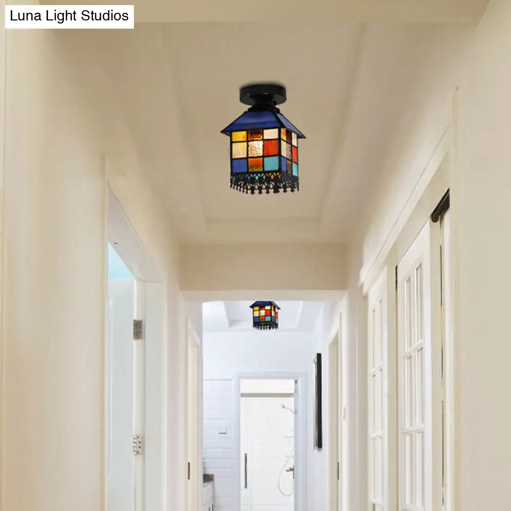 Rustic Lodge Stained Glass Flush Mount Lamp - 1-Head House Lighting In Black/Blue/Brass Black