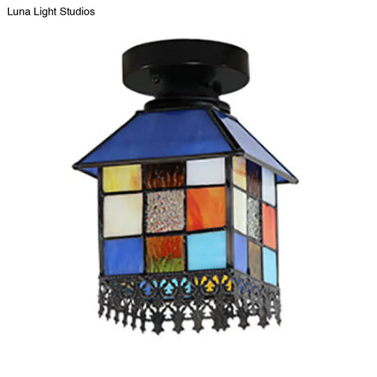 Rustic Lodge Stained Glass Flush Mount Lamp - 1-Head House Lighting In Black/Blue/Brass