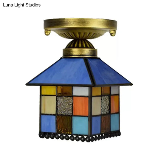 Rustic Lodge Stained Glass Flush Mount Lamp - 1-Head House Lighting In Black/Blue/Brass
