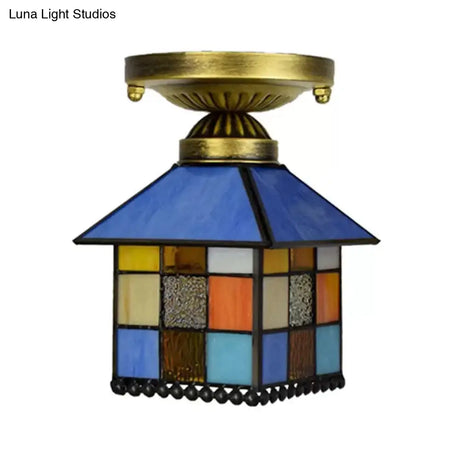 Rustic Lodge Stained Glass Flush Mount Lamp - 1-Head House Lighting In Black/Blue/Brass
