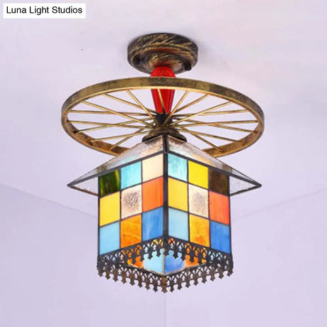 Rustic Lodge Stained Glass House Semi Flush Light With Antique Bronze/Clear/Blue Accents