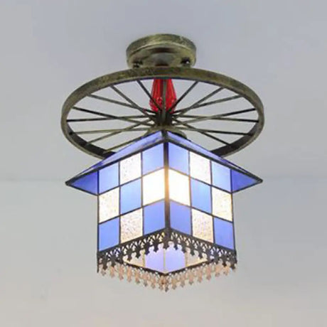 Rustic Lodge Stained Glass House Semi Flush Light With Antique Bronze/Clear/Blue Accents Blue