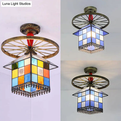Rustic Lodge Stained Glass House Semi Flush Light With Antique Bronze/Clear/Blue Accents