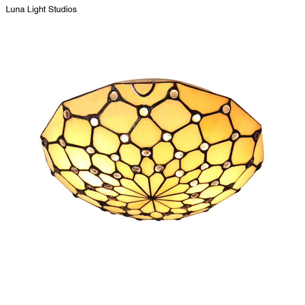 Rustic Loft Stained Glass Bowl Flush Light 2 Bulbs Beige Ceiling For Bedroom