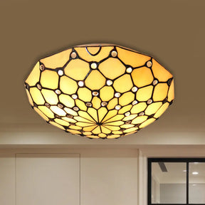 Rustic Loft Stained Glass Bowl Flush Light 2 Bulbs Beige Ceiling For Bedroom