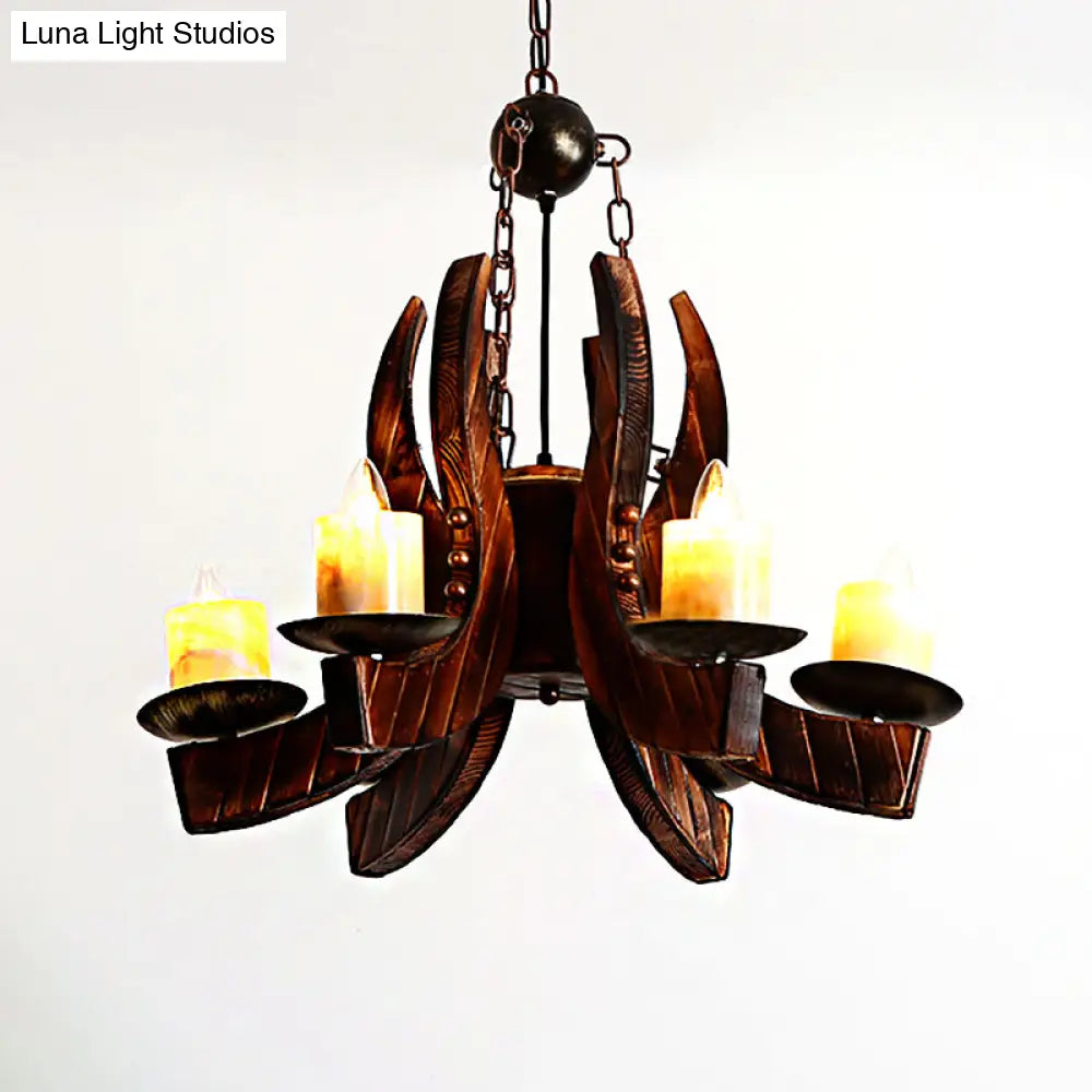 Rustic Marble Cylinder Pendant Chandelier – 4-Light Brown Hanging Fixture With Wood Accents For