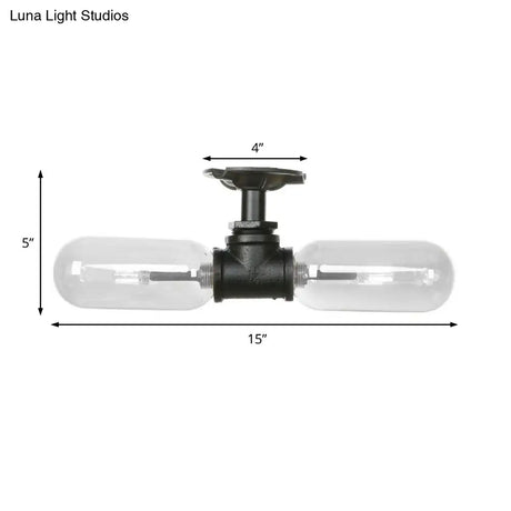 Rustic Matte Black Flush Light With Clear Glass Shade And 2-Lights For Living Room Ceiling